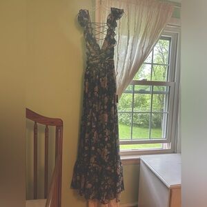 Lulu’s Soiree Celebration Blue Floral Ruffled Lace-Up Maxi Dress